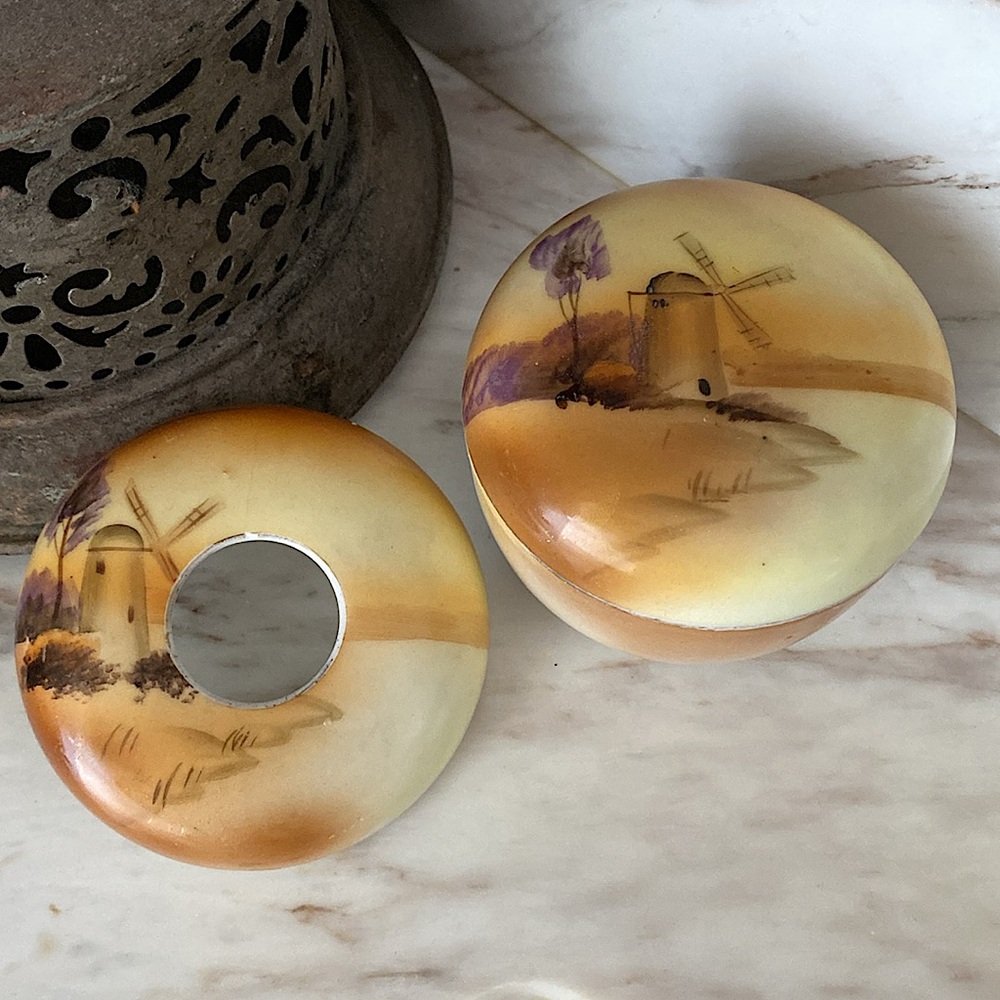 Vintage MEITO CHINA Hand Painted Hair Receiver/Lidded Jar Windmill Scene